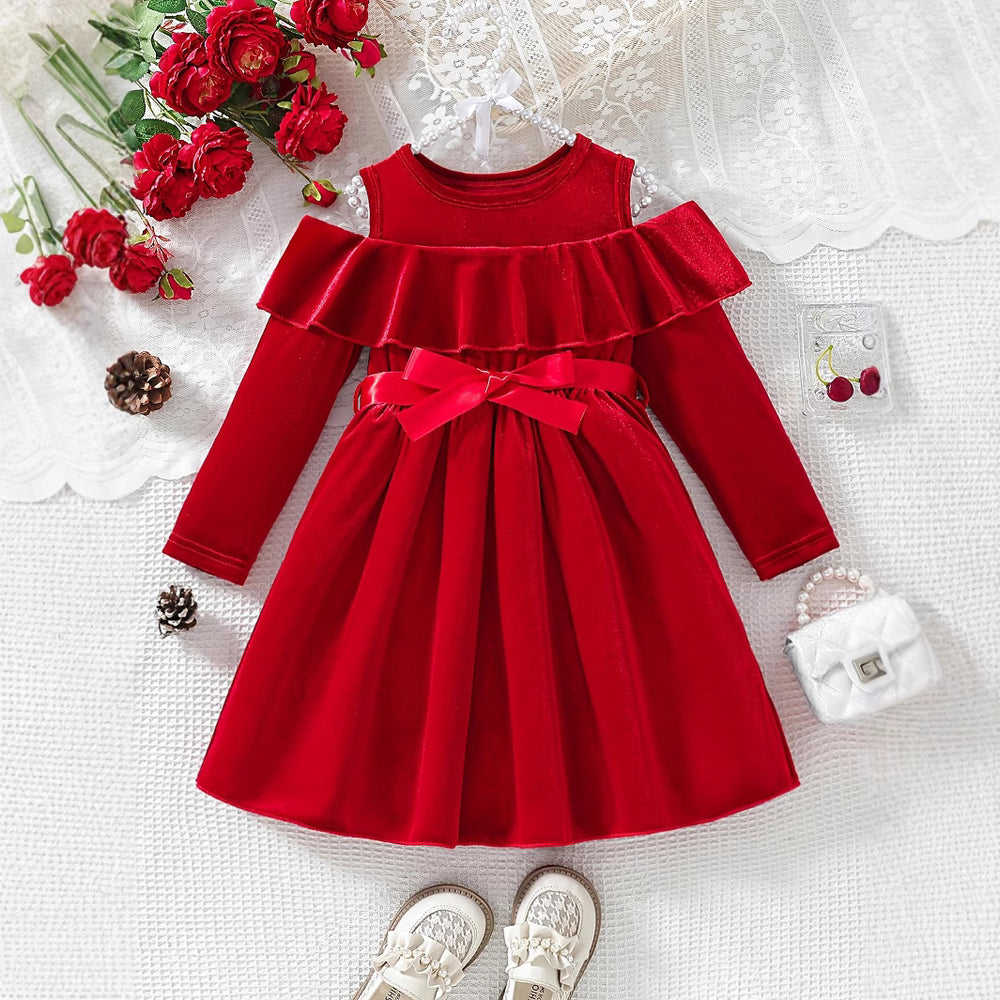 Girls' foreign trade dress - festive red off-the-shoulder design with ruffle trim, velvet fabric, bow accent, autumn/winter long sleeve dress for children
