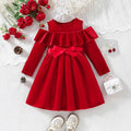 Girls' foreign trade dress - festive red off-the-shoulder design with ruffle trim, velvet fabric, bow accent, autumn/winter long sleeve dress for children