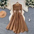 Miya european and american dress women's  autumn fashion beaded round neck long sleeve waist slimmingelegant pleated long skirt