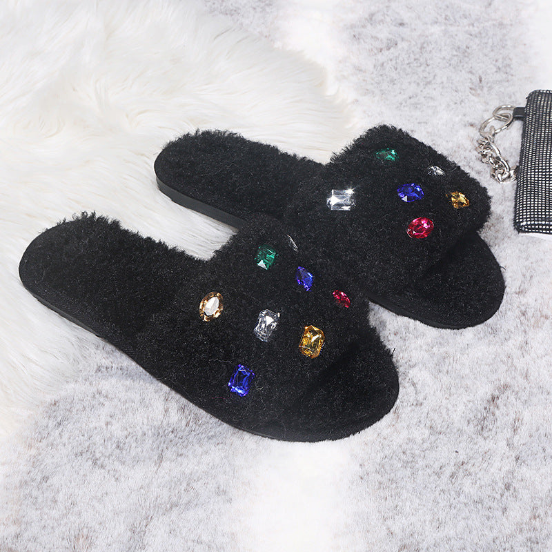 Exportplus size fur slippers 24 years fashion rhinestone women's slippers independent station fur slippers in stock wholesale