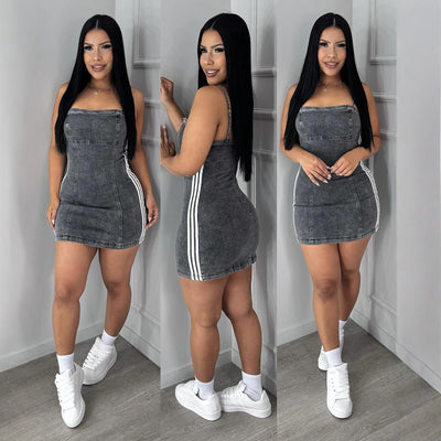 European and american style women's denim dress -  cross-border fashion - autumn casual striped patchwork cami mini dress