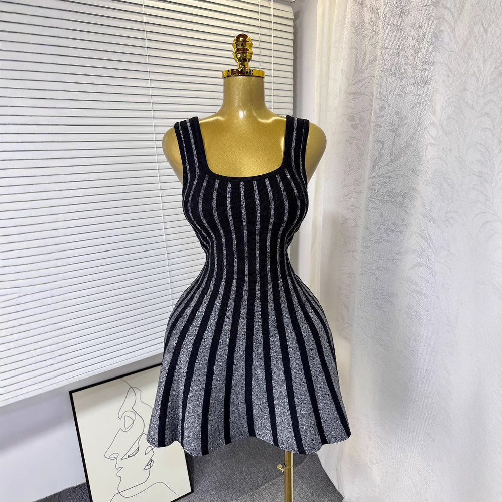 2025new arrivalelegantelegance vertical stripes waist slimming look suspender dress light mature style knitting large hem short skirt for women