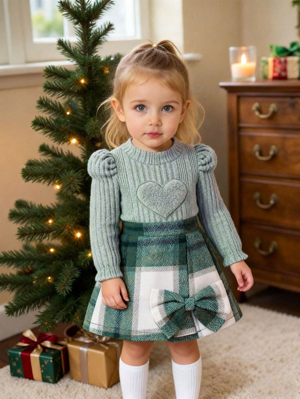 Fashion style spring & fall clothing cross-border girl's pit strip knitting bottom pullover shirt plaid skirt tweed style gridsuit