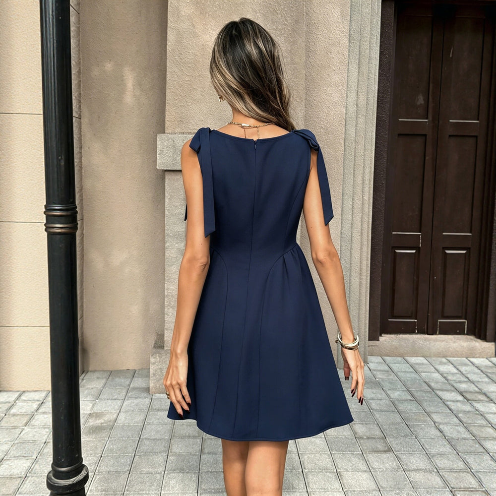 summer cross-border navy sleeveless bow dress - slim fit, figure-flattering, gentle and elegant mini dress