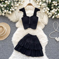 Summer outfit set for petite women: gentle style square neck cami top with flutter sleeves and ruffle mini skirt