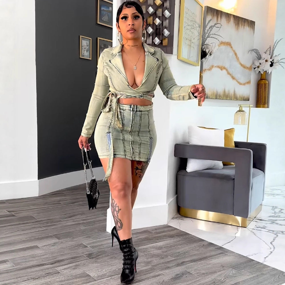 Fashion cross-border women's clothing  women's denim skirt new arrivalfashionsexy zipper tie long sleeves hip-covering short skirt