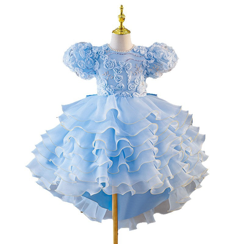 European and american style  girls' dress - high-low hem, train, tiered skirt, bow detail, detachable back - wholesale
