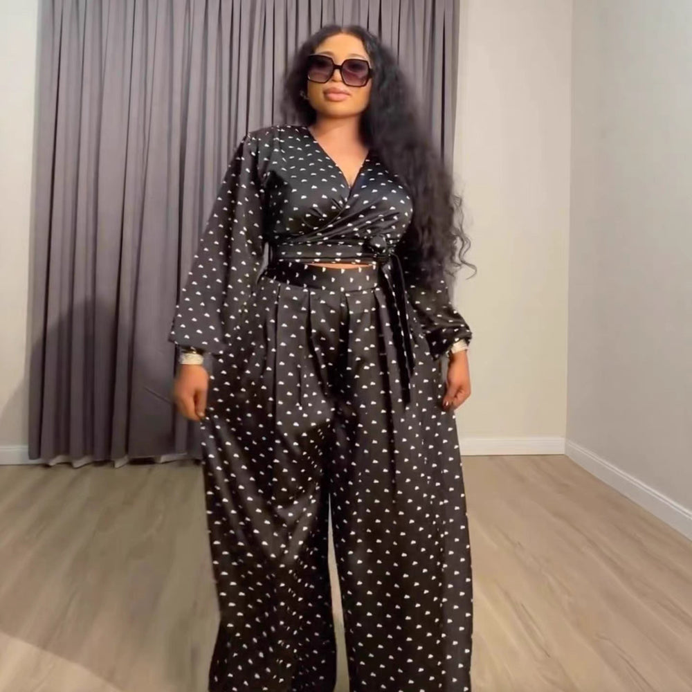 European and american cross-border women's fashion:  summer new collection - stylish v-neck tie-up polka dot cropped top and wide-leg pants set