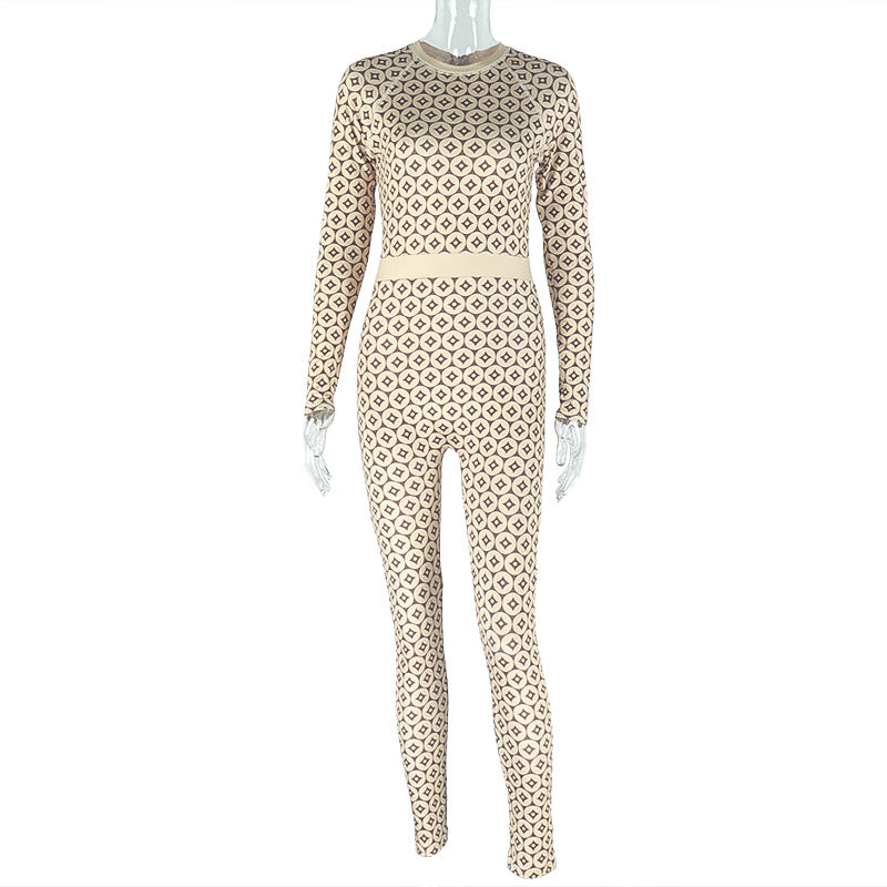 Fashion cross-border casual home women's decoration silm elastic waist jumpsuit fashionprinting round neck long sleeves jumpsuit