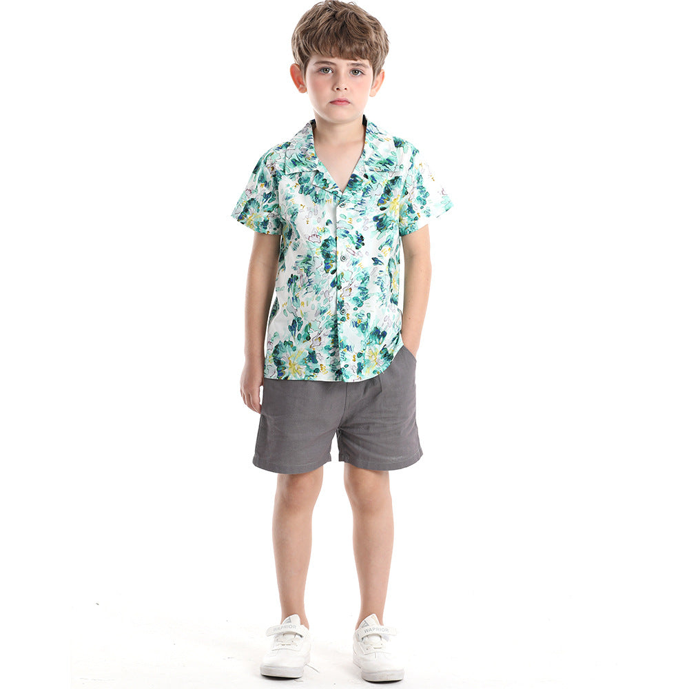 wholesale of spring/summer new boys' shirts: printed, short-sleeved, breathable children's shirts, cute baby boy clothing