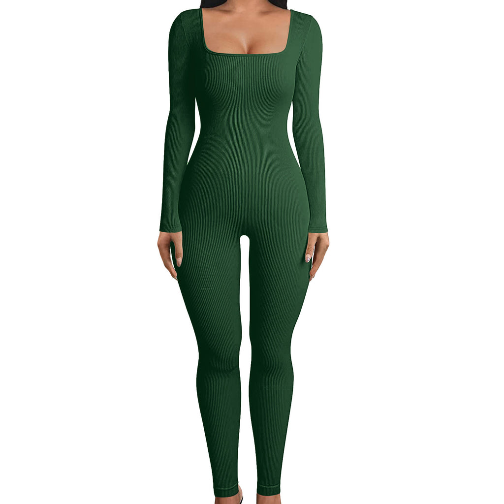 2024  women's clothing solid color long-sleeved vest onesie threaded square neck backless hip-lifting slim-fitting sports jumpsuit