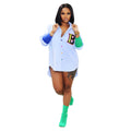european and american style fashion casual colorful button cardigan contrast color ribbed cuffed sleeve letter patch women's shirt