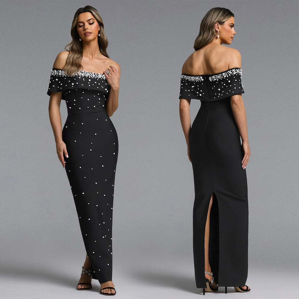 C7759 cross-border   fashion women's off-the-shoulder beaded evening gown party dress