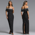 C7759 cross-border   fashion women's off-the-shoulder beaded evening gown party dress