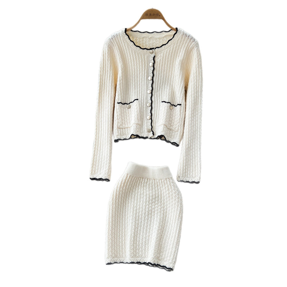Xiaoxiangfengknittingtwo-piece setfemaleautumpetitesclassyelegantcardigan hip covering skirtwestern stylesuit