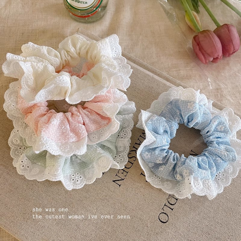 Small fresh blue and white polka dot large intestine hair tie for women korean style lazy style hair tie high-end low ponytail hair tie