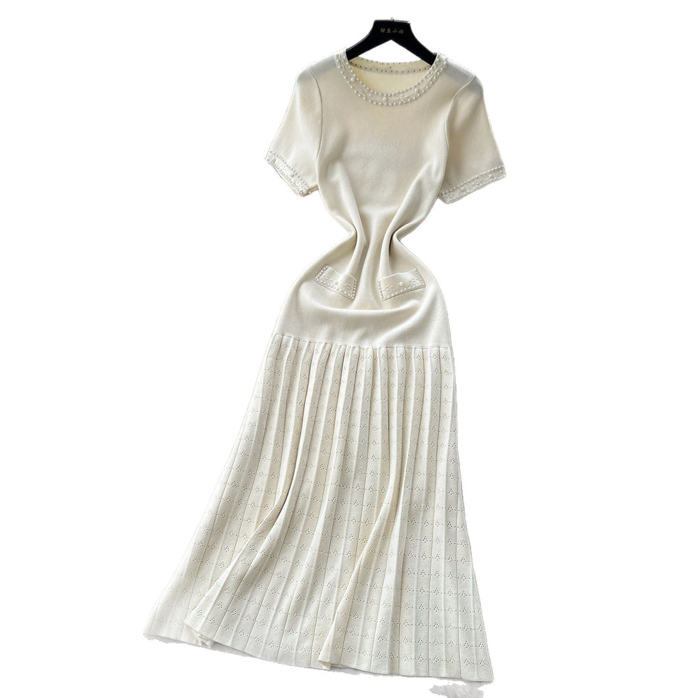 French chic beaded crew neck short sleeve knit dress - women's slimming, figure-flattering, and elegant inner layer sweater dress