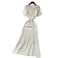 French chic beaded crew neck short sleeve knit dress - women's slimming, figure-flattering, and elegant inner layer sweater dress