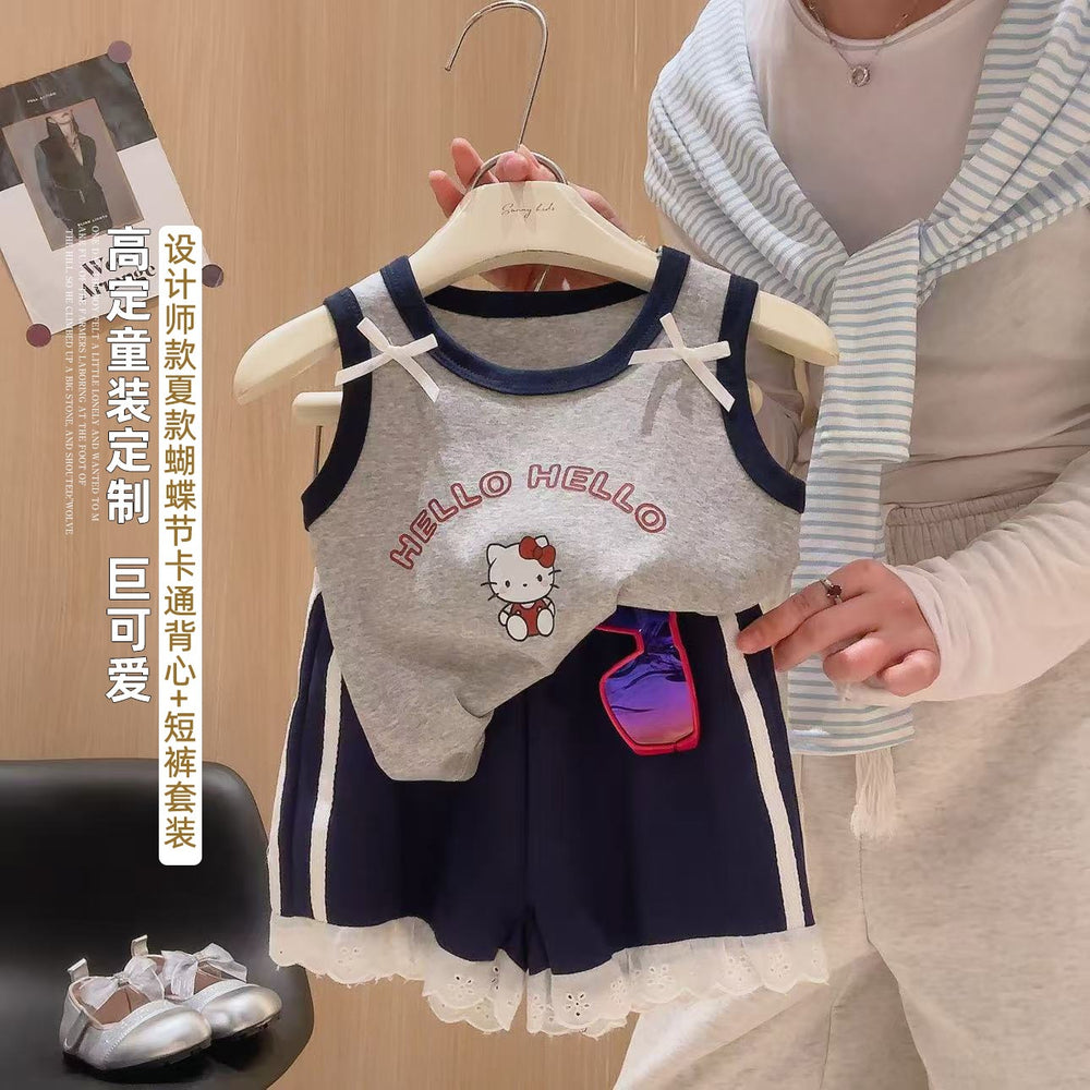 Girls' summer outfit: new 3d bowknot cartoon print tank top and lace shorts set - wholesale & dropshipping available