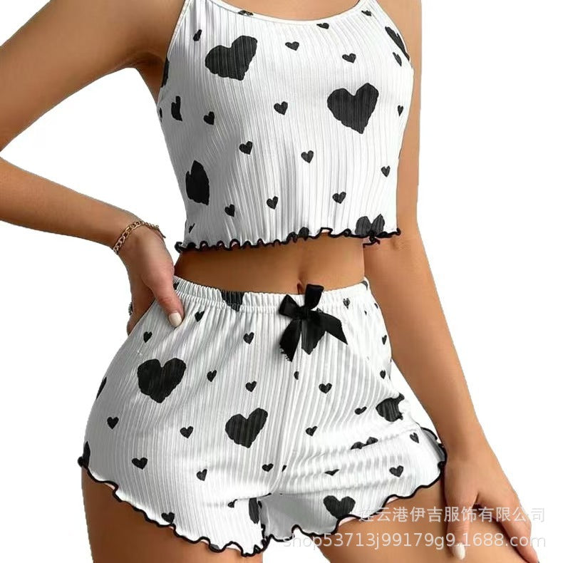 New european and american ribbed knit heart print cami and shorts set - sweet, casual, and perfect for loungewear or light outings