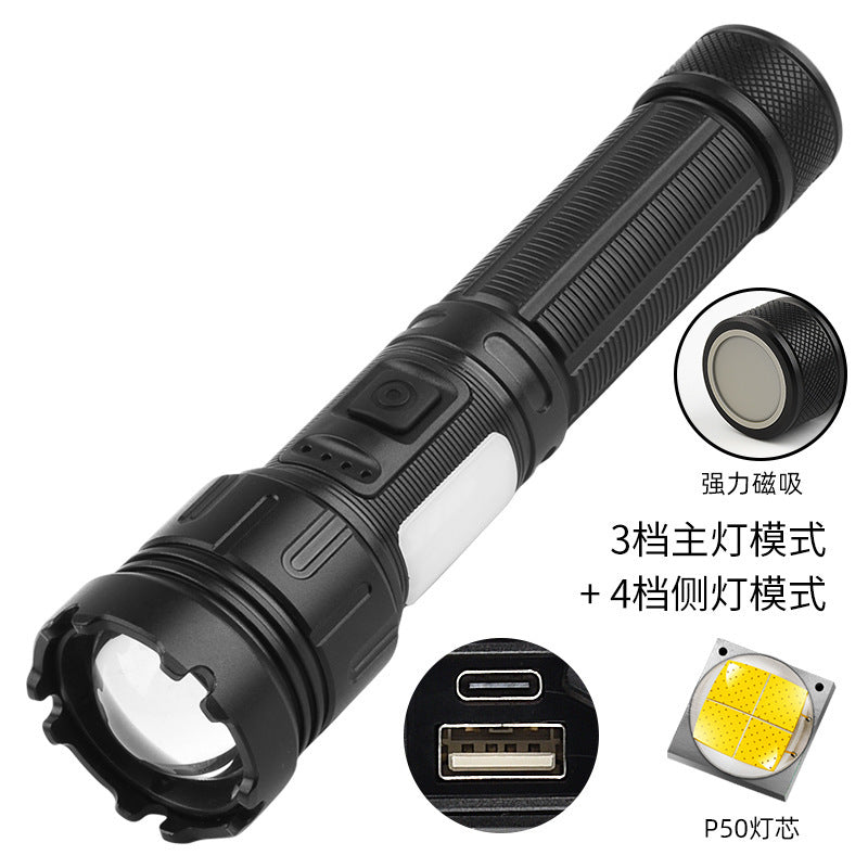 Cross-border new XHP90 + COB strong light flashlight USB charging outdoor zoom side light P160 LED flashlight