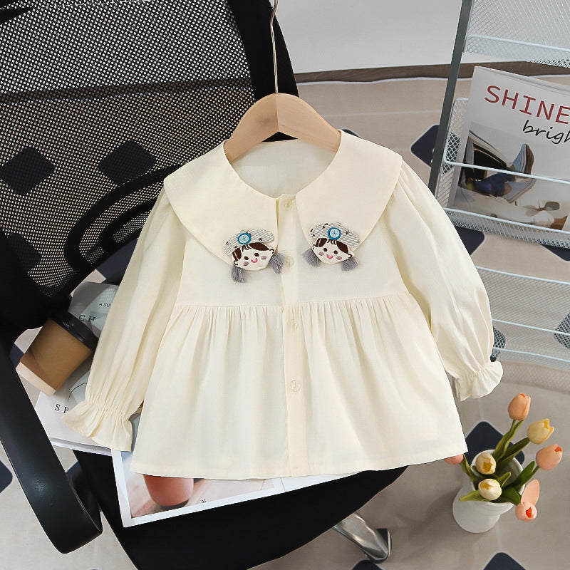 Girls' spring long-sleeve new style fashionable children's clothes baby doll shirt trendy kids' wear turn-down collar for girls