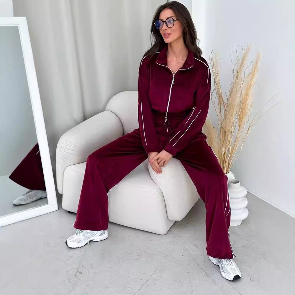 Europe and the United States new women's clothing solid color line long-sleeved lapel sports cardigan trousers suit fashion casual women