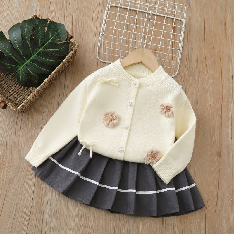 autumnew arrivalgirlsweatercardigantwo-piece sethandmade flower tweed stylejksweatersuit