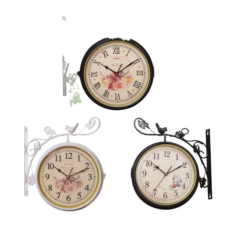 European style iron double-sided wall clock, creative rustic hanging clock, modern living room wall clock, bedroom clock, silent large size