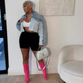 European and american style women's denim jacket -  cross-border fashion casual color block single-breasted long sleeve denim jacket