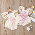 European and american style cross-border new children's clothing short climbing lace mesh flying sleeves tie back embroidered beaded pearl climbing jumpsuit