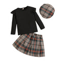 European and american style autumn outfit: girls' ribbed knit pullover top, plaid pleated skirt, and hat three-piece set for cross-border e-commerce