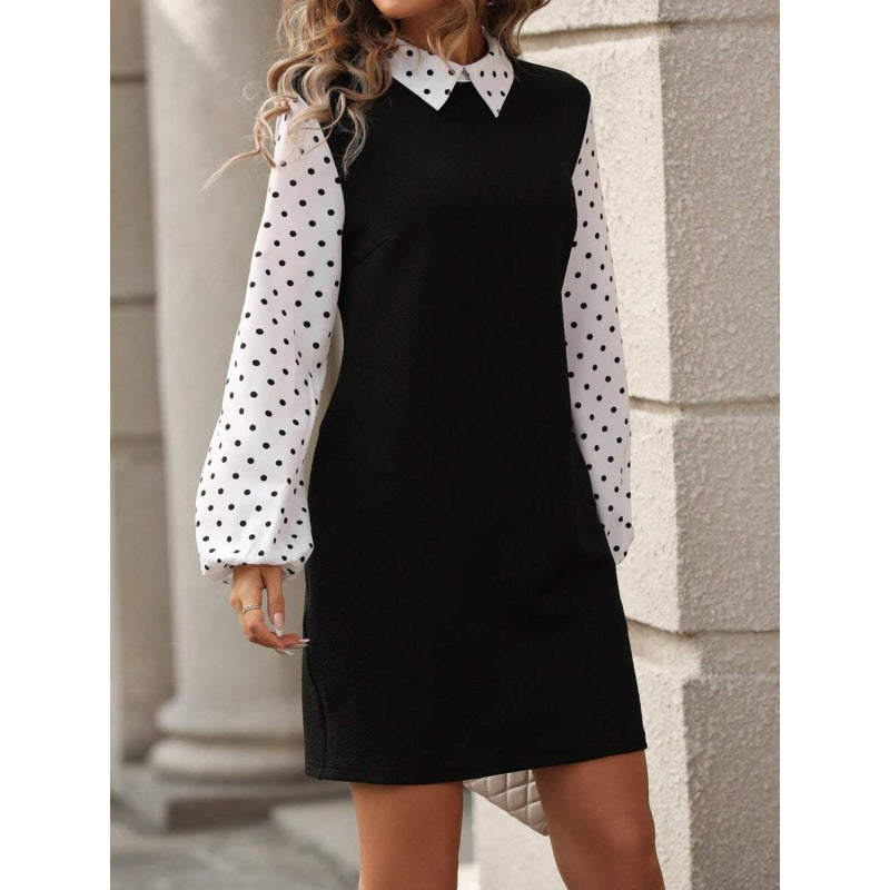 fashion  autumn new arrival polo collar polka dot printing lantern sleeve elegantshortdress