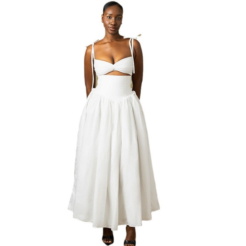 Fashion style insexport women's clothing fashionpure colordress suspender off-shoulder sleeveless large skirt skirt dress