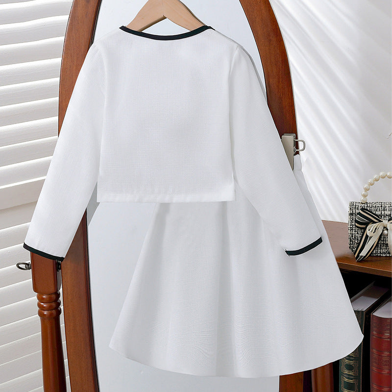 autumn/winter girls' chanel-inspired outfit: pink and white bowknot round neck jacket & mini skirt two-piece set