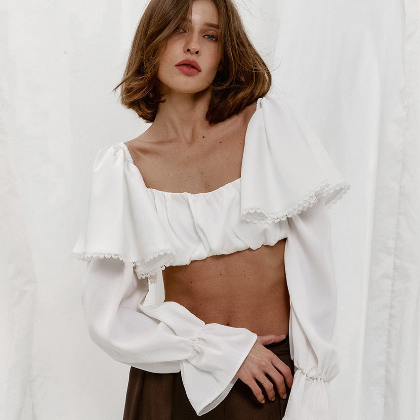 European and American fashion white exposed navel Spice Girl top women's short 2025 summer niche splicing ruffle edge pullover shirt