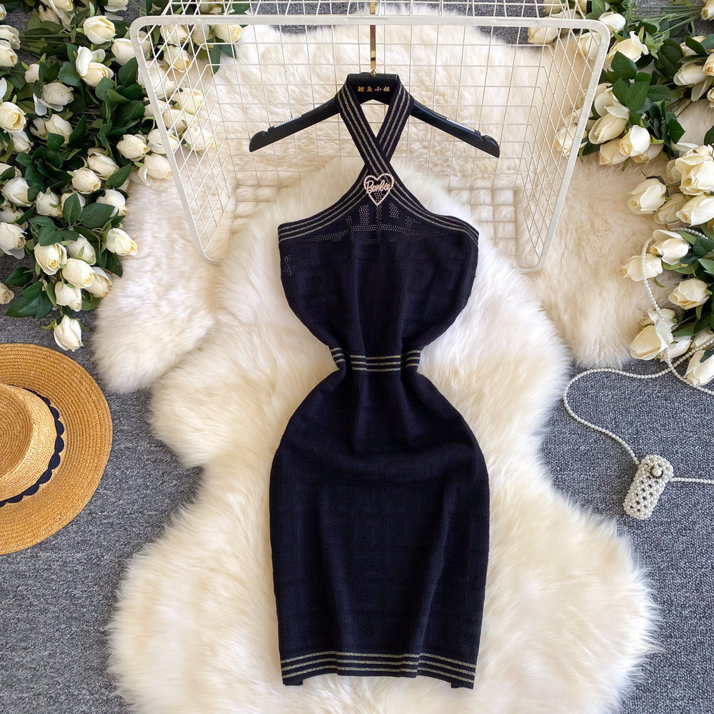 Halter knittingsummer silmslimming lookdress female springk-stylehigh waist a-line skirtwork clothingwhite skirt