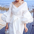 C8620  foreign trade women's fashion solid color sexy criss-cross tie-up puff sleeve v-neck blouse african top