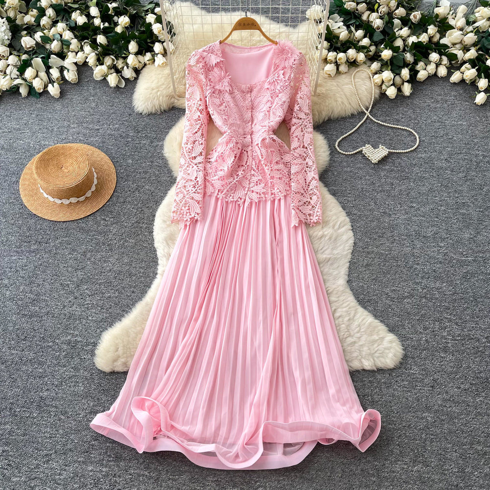 French chic v-neck lace top & high-waisted tank pleated dress two-piece set - autumn elegant & luxe