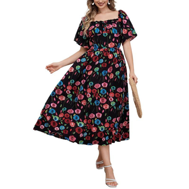 code new arrival  women's original fashion square neck lace high waist printingdress