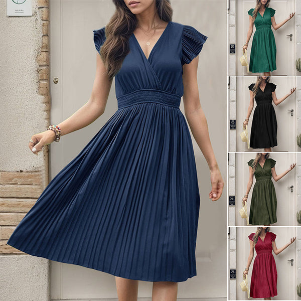 independent station hot sale European and American summer pleated skirts  simple fashion elegant short-sleeved solid color dress