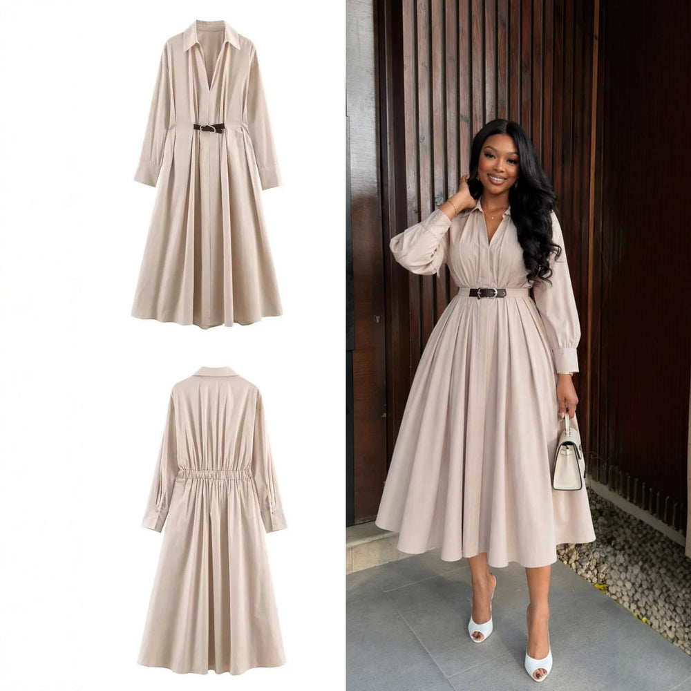 European and american cross-border women's clothing:  summer new arrival - elegant and chic lapel waist-tightening midi shirt dress with long sleeves