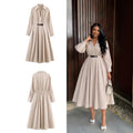 European and american cross-border women's clothing:  summer new arrival - elegant and chic lapel waist-tightening midi shirt dress with long sleeves