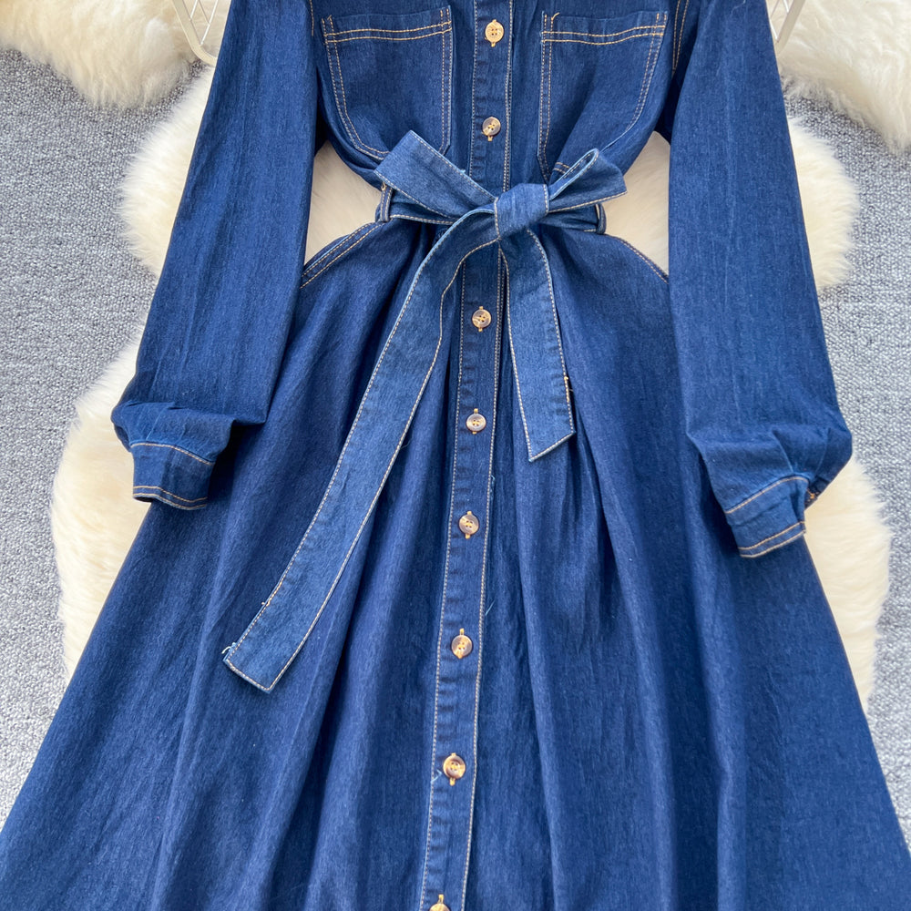 Exportretrofashion lapel long sleeves denim dress women's tie back waist single breasted a-line knee length skirt dress