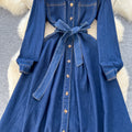 Exportretrofashion lapel long sleeves denim dress women's tie back waist single breasted a-line knee length skirt dress