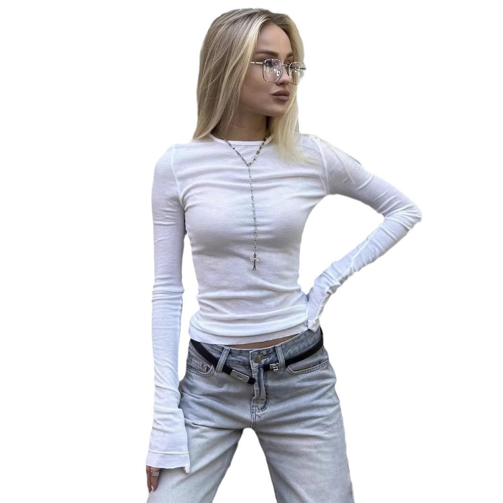 autumn new arrival: cross-border european and american style women's solid color fashion slim-fit round neck flare long sleeve top/t-shirt