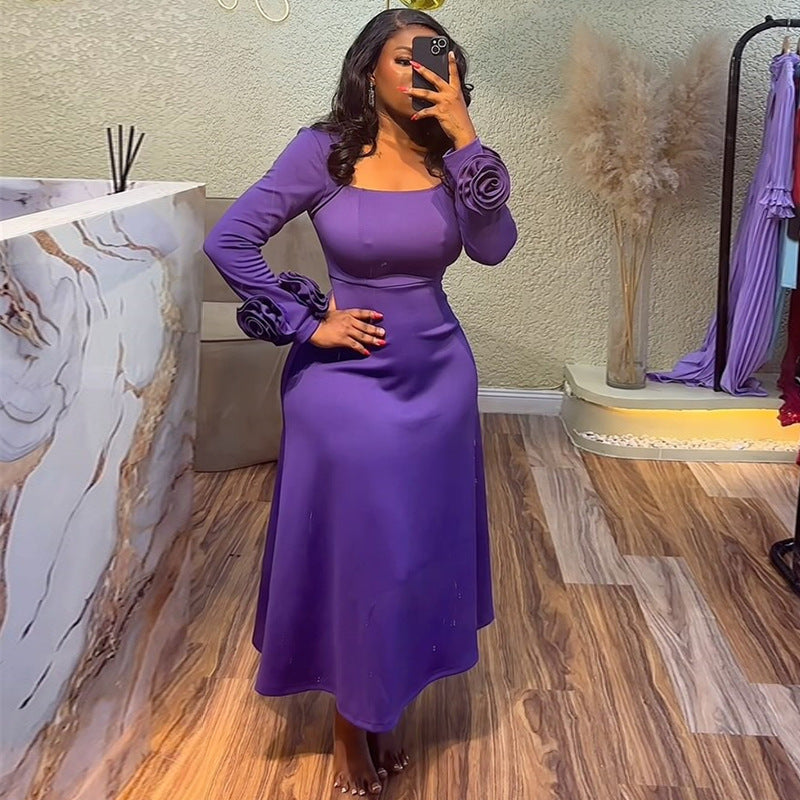 European and american women's clothing  spring/summer new arrival: elegant 3d floral long sleeve slim-fit square neck purple midi dress