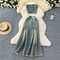 American hot girl outfit: sexy frayed sleeveless bandeau top with high-waisted fishtail denim skirt two-piece set