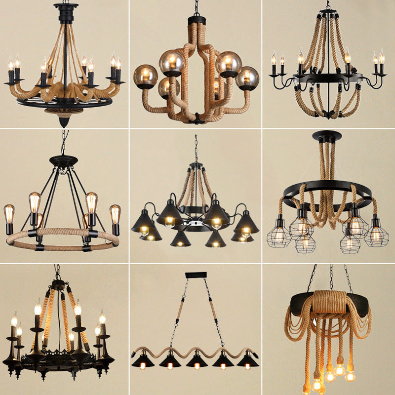 American retro hemp rope chandelier creative hotel lobby B & B restaurant lamp personalized industrial style hotel box lamp