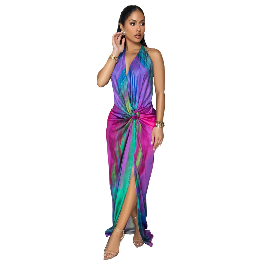 C7459 cross-border   fashion women's sexy printed tie-back open-back slit dress